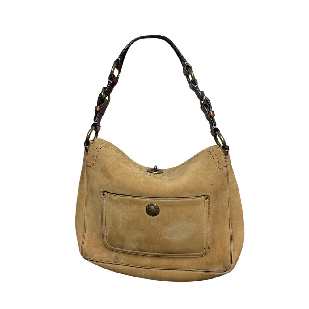 Coach Vintage Turn Lock Beige Suede Shoulder Bag w/Leather Trim & Rivets Detail